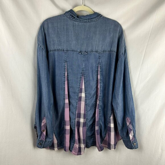 Billy T Love You To Pieces Shirt Women XL Blue Purple Chambray Denim Plaid Boho - Picture 12 of 15